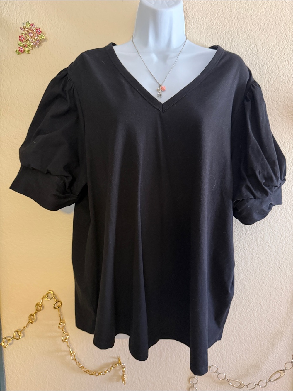 Chico's Black V-Neck Shirt Puff Sleeve Tee 4 20 22 XXL Plus Size Like New